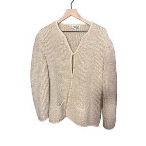 Adele Joyce Cardigan Sweater Textured Knit Cream V Neck Button Size 44